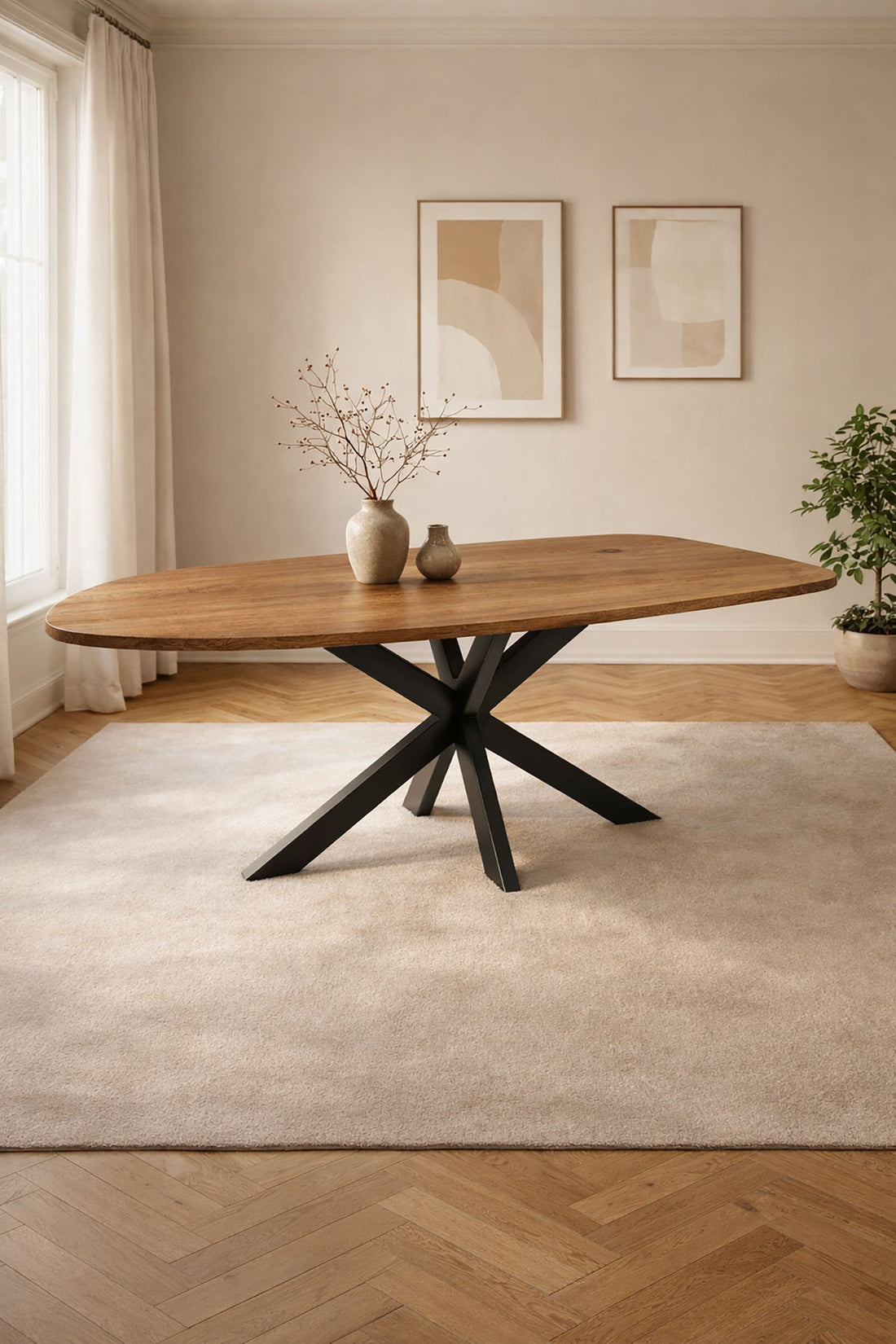 Organic Shape Mango Wood Dining Table with Black Iron Spider Legs